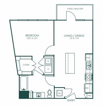 Floor plan for 1 bed, 1 bath, 696 sqft
